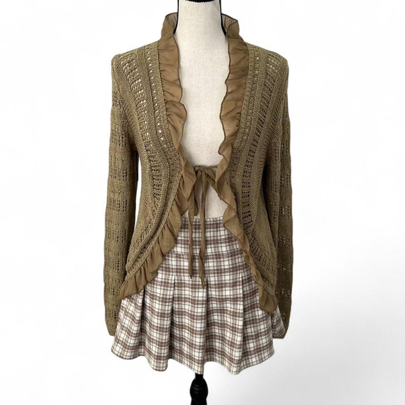 Angel Apparel Sweaters - Angel Apparel Tan Crotchet Knit Cardigan with Ruffle Detail - S